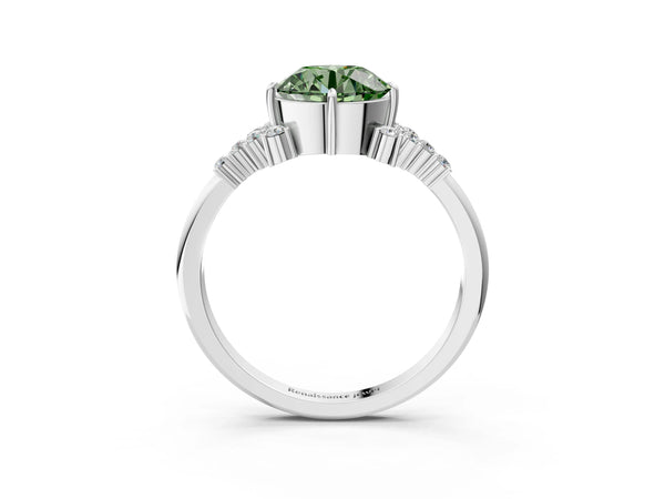 White gold Fancy Green Round Cut Diamond Ring with Side Stones and Four-Prong Setting