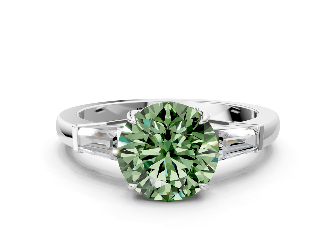 White gold Fancy Green Round  Cut Diamond Ring with Tapered Baguette Side Stones in Four-Prong Setting_3