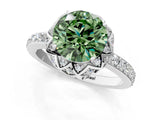 White gold Fancy Green Round Cut Diamond Scalloped Halo Engagement Ring with Round Shared Prong Band_15
