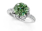White gold Fancy Green Round Cut Diamond Scalloped Halo Engagement Ring with Round Shared Prong Band_21