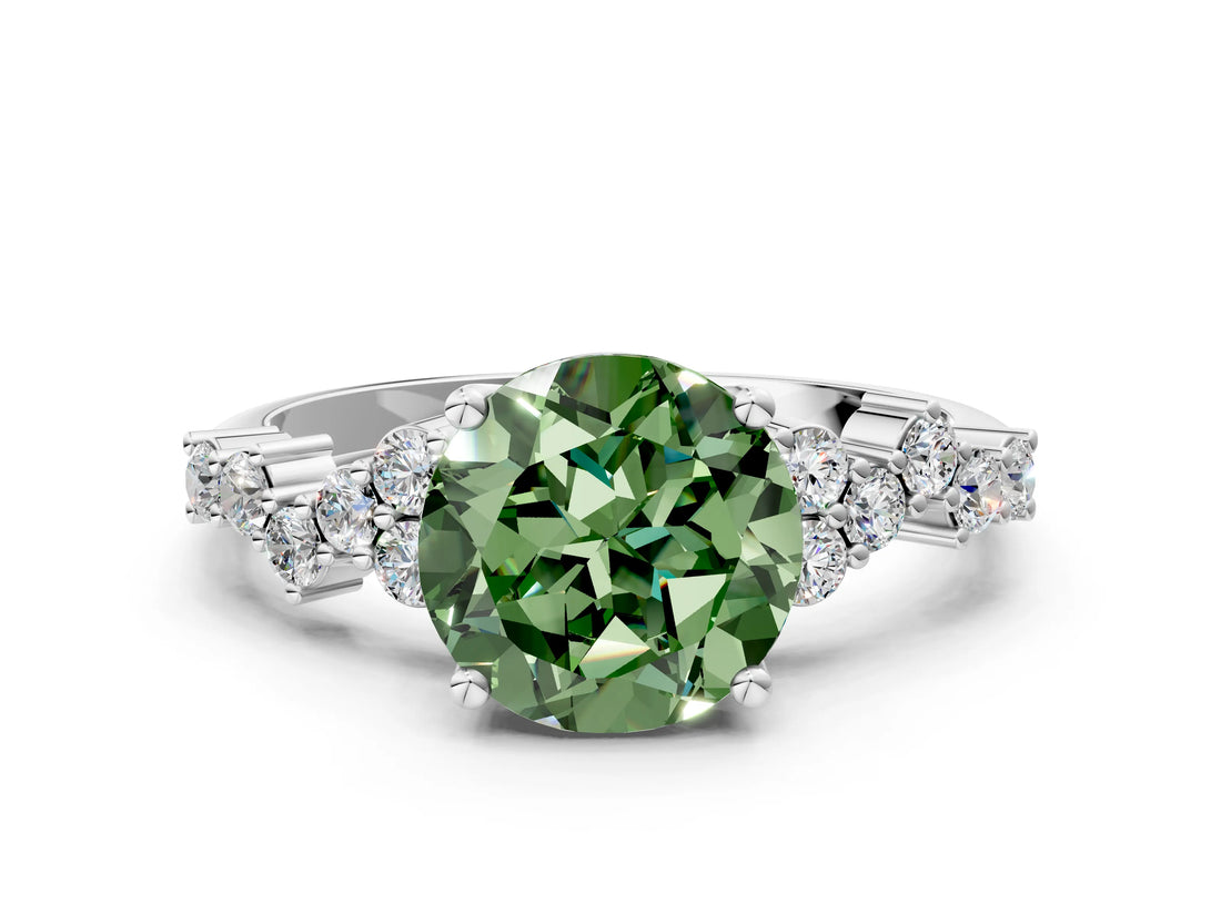 White gold Fancy Green Round Cut Diamond Scattered Round Accent Ring with Prong Setting_12
