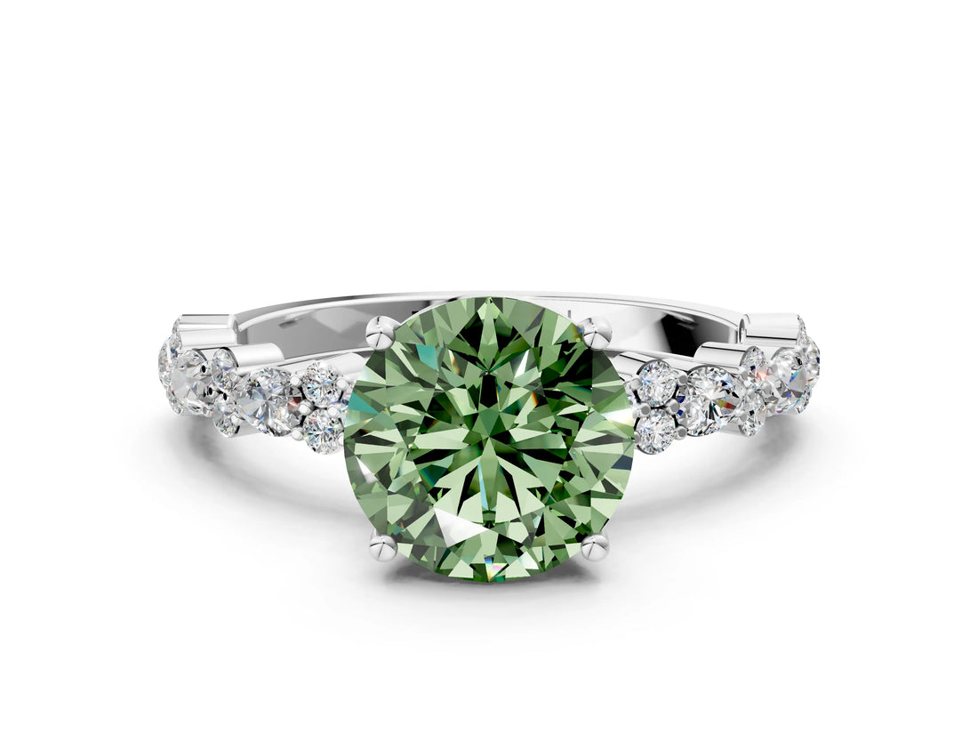 White gold Fancy Green Round Cut Diamond Side Stone Solitaire Ring with Round  and Four-Prong Setting_12