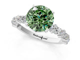 White gold Fancy Green Round Cut Diamond Side Stone Solitaire Ring with Round  and Four-Prong Setting_13