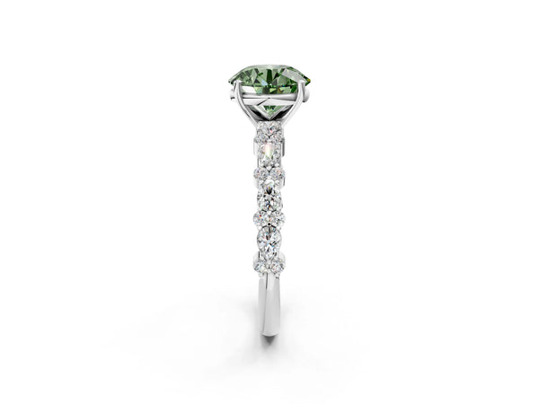 Platinum Round Side Stone Engagement Ring Setting for Fancy Green Center with Pear and Round Accents
