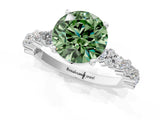 White gold Fancy Green Round Cut Diamond Side Stone Solitaire Ring with Round  and Four-Prong Setting_176