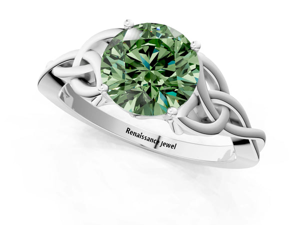 Platinum Fancy Green Round Cut Diamond Solitaire Celtic Knot Ring with Four-Prong Setting