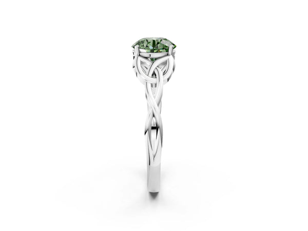 Platinum Fancy Green Round Cut Diamond Solitaire Celtic Knot Ring with Four-Prong Setting