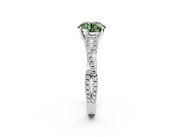 Platinum Fancy Green Round Cut Diamond Solitaire Engagement Ring with Twisted Pavé Band and Four-Prong Setting
