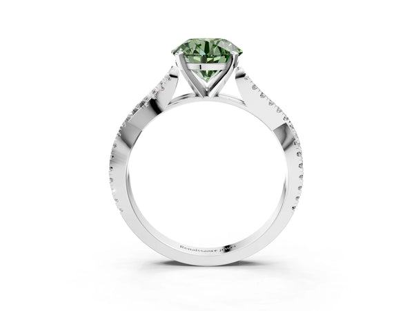 Platinum Fancy Green Round Cut Diamond Solitaire Engagement Ring with Twisted Pavé Band and Four-Prong Setting
