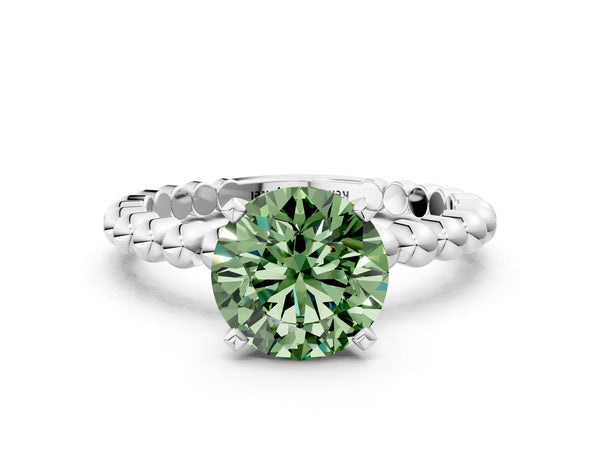 Platinum Fancy Green Round Cut Diamond Solitaire Ring with Beaded Band and Prong Setting