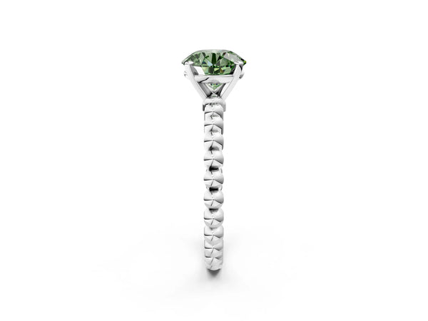 Platinum Fancy Green Round Cut Diamond Solitaire Ring with Beaded Band and Prong Setting