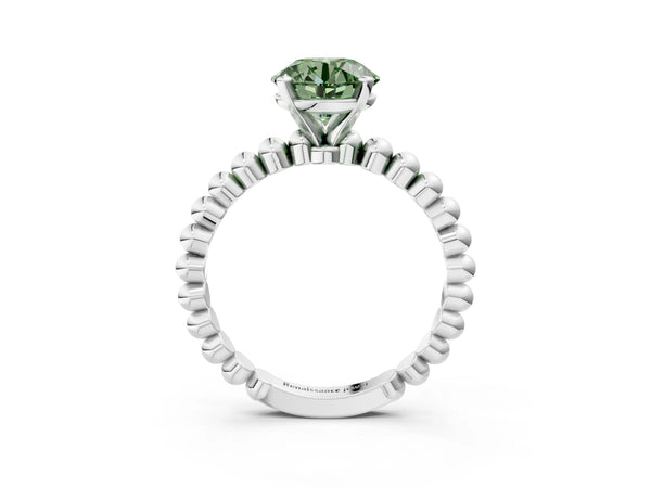 Platinum Fancy Green Round Cut Diamond Solitaire Ring with Beaded Band and Prong Setting