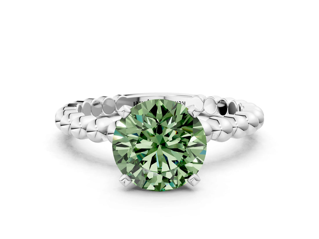 White gold Fancy Green Round Cut Diamond Solitaire Ring with Beaded Band and Prong Setting_392