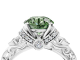 White gold Fancy Green Round Cut Diamond Solitaire Ring with Filigree Band and Four-Prong Setting_110