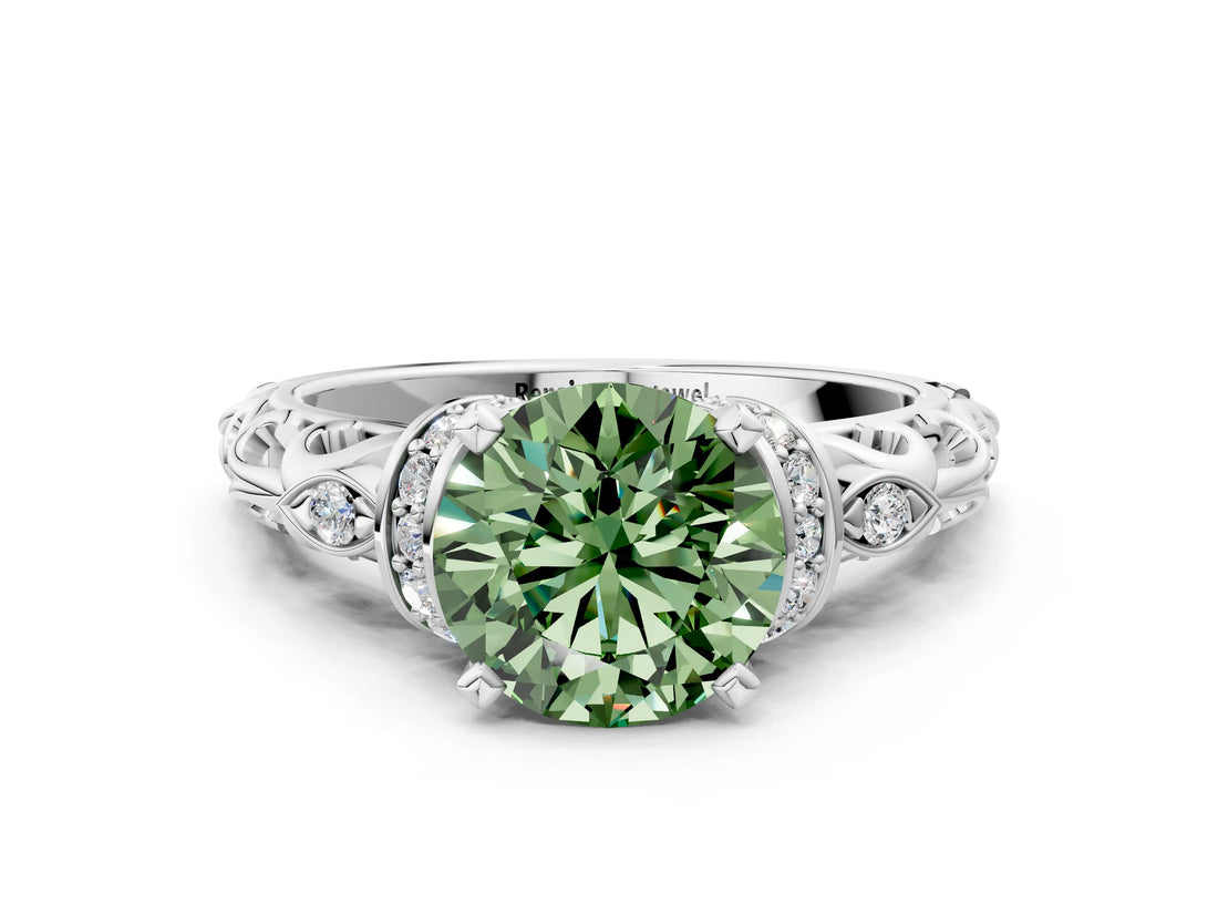 White gold Fancy Green Round Cut Diamond Solitaire Ring with Filigree Band and Four-Prong Setting_92