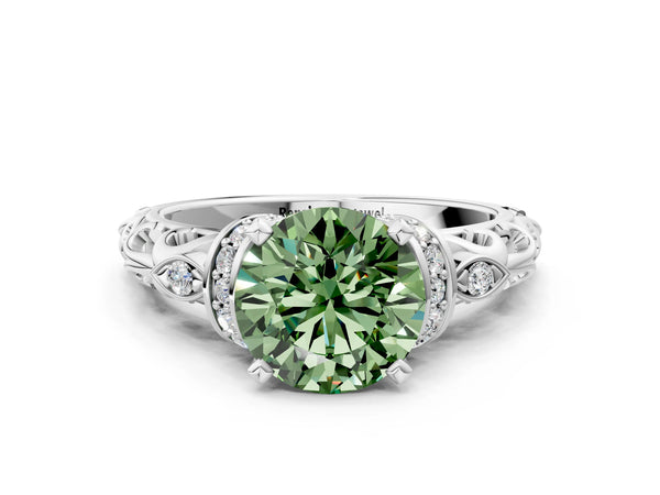 Platinum Fancy Green Round Cut Diamond Solitaire Ring with Filigree Band and Four-Prong Setting