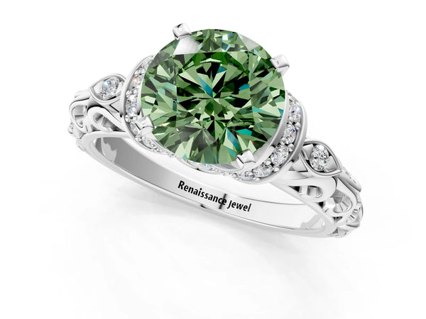 Platinum Fancy Green Round Cut Diamond Solitaire Ring with Filigree Band and Four-Prong Setting