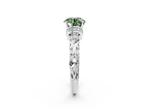 Platinum Fancy Green Round Cut Diamond Solitaire Ring with Filigree Band and Four-Prong Setting