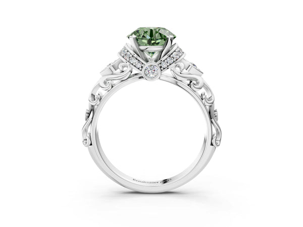 Platinum Fancy Green Round Cut Diamond Solitaire Ring with Filigree Band and Four-Prong Setting