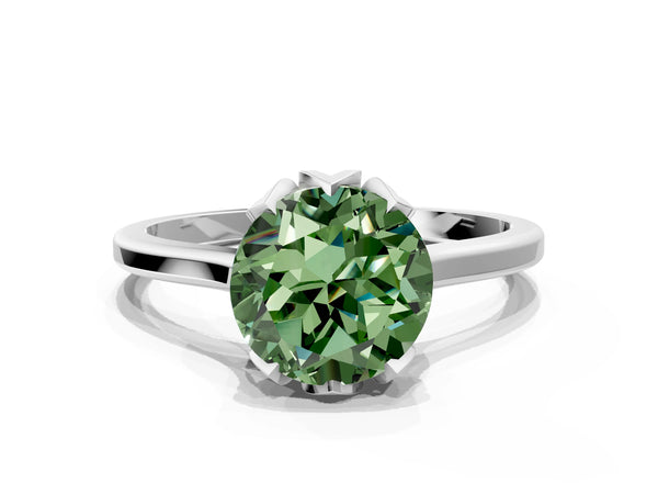 Platinum Fancy Green Round Cut Diamond Solitaire Ring with Flower Prong Setting and Classic Band