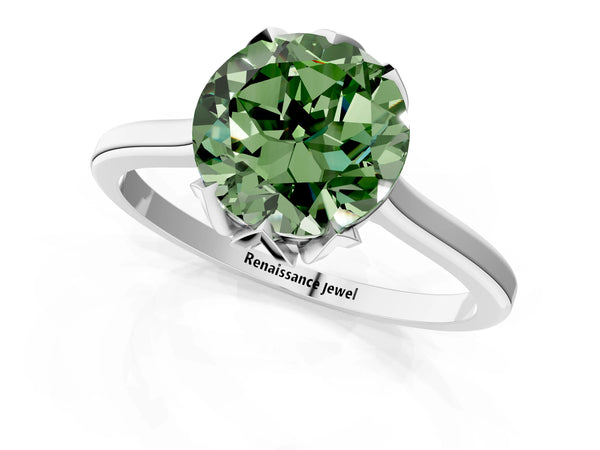 Platinum Fancy Green Round Cut Diamond Solitaire Ring with Flower Prong Setting and Classic Band
