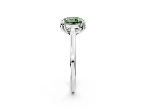 Platinum Fancy Green Round Cut Diamond Solitaire Ring with Flower Prong Setting and Classic Band