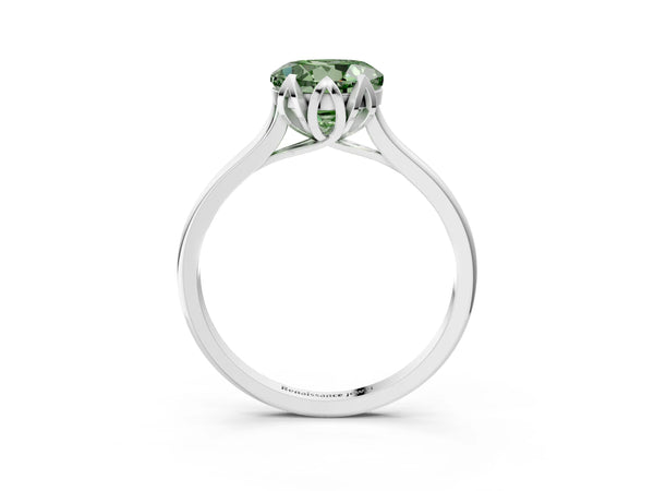 Platinum Fancy Green Round Cut Diamond Solitaire Ring with Flower Prong Setting and Classic Band