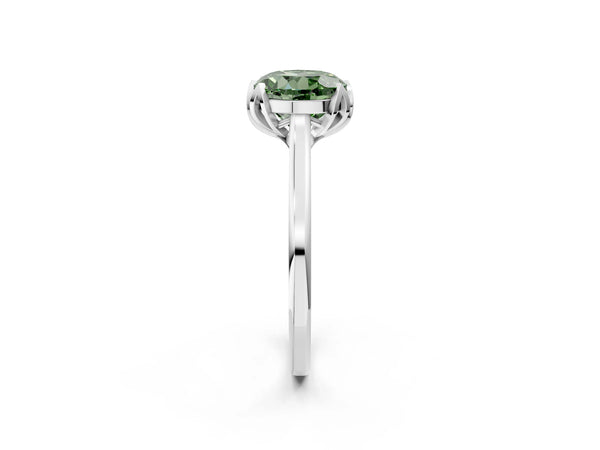 Platinum Fancy Green Round Cut Diamond Solitaire Ring with Flower Prong Setting and Classic Band