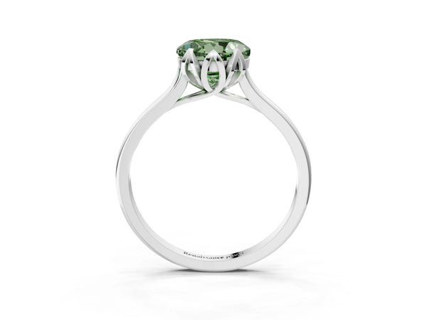 Platinum Fancy Green Round Cut Diamond Solitaire Ring with Flower Prong Setting and Classic Band