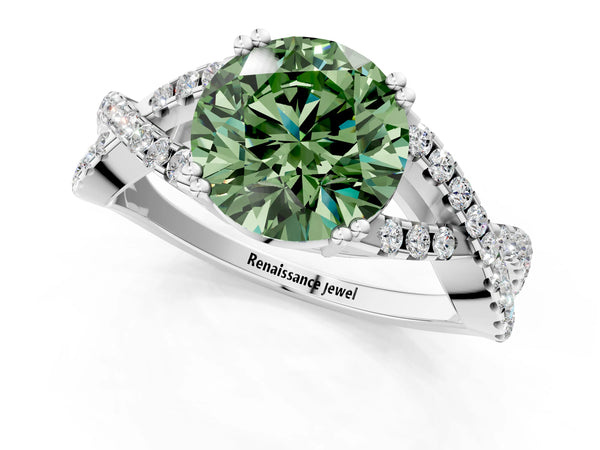 Platinum Fancy Green Round Cut Diamond Solitaire Ring with Four-Prong Setting and Twisted Pavé Band