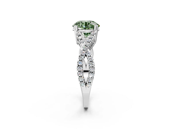 Platinum Fancy Green Round Cut Diamond Solitaire Ring with Four-Prong Setting and Twisted Pavé Band