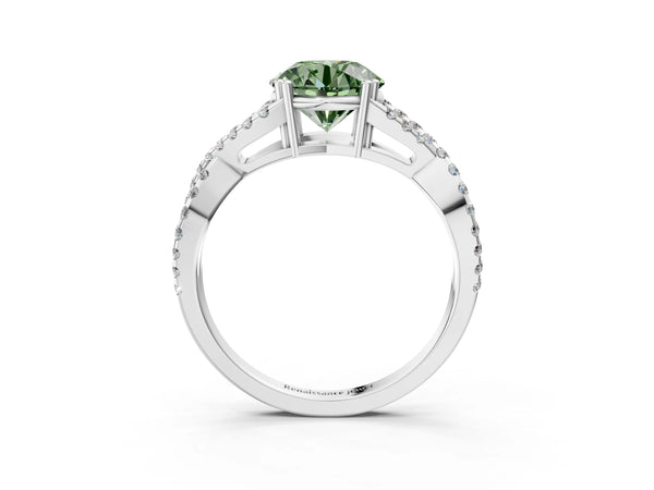 Platinum Fancy Green Round Cut Diamond Solitaire Ring with Four-Prong Setting and Twisted Pavé Band