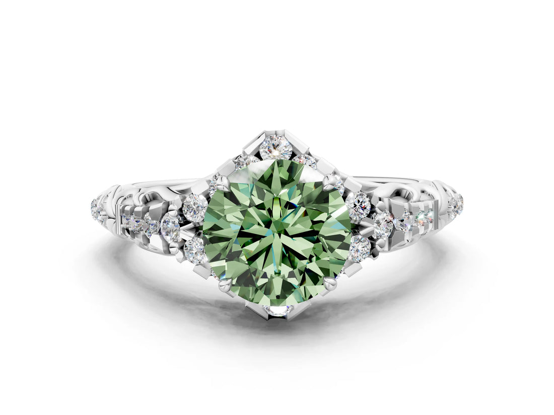 White gold Fancy Green Round Cut Diamond Solitaire Ring with Hidden Halo and Pavé Band_39
