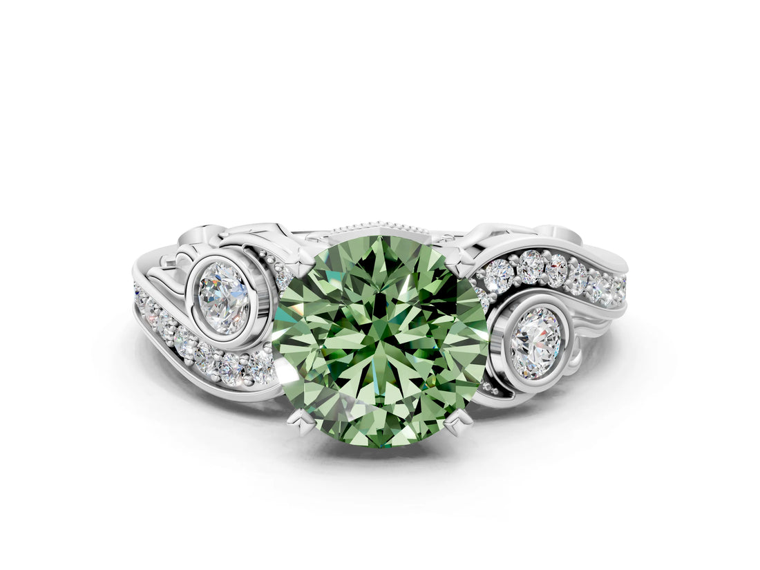 White gold Fancy Green Round Cut Diamond Solitaire Ring with Milgrain Pavé Band and Four-Prong Setting_250
