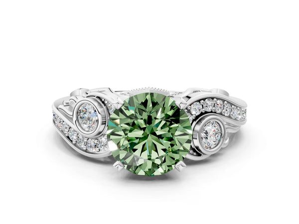 White gold Fancy Green Round Cut Diamond Solitaire Ring with Milgrain Pavé Band and Four-Prong Setting