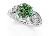 White gold Fancy Green Round Cut Diamond Solitaire Ring with Milgrain Pavé Band and Four-Prong Setting_251