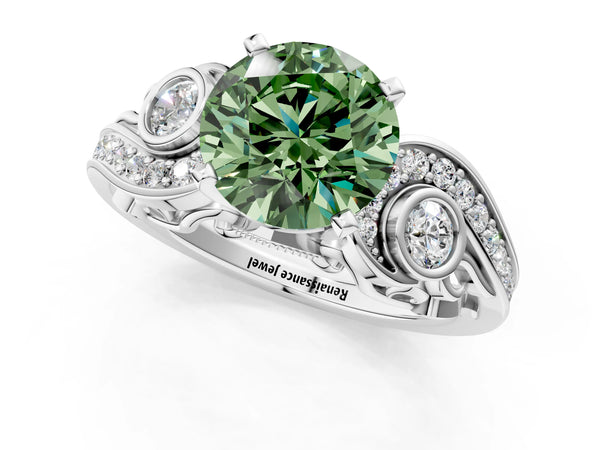 White gold Fancy Green Round Cut Diamond Solitaire Ring with Milgrain Pavé Band and Four-Prong Setting