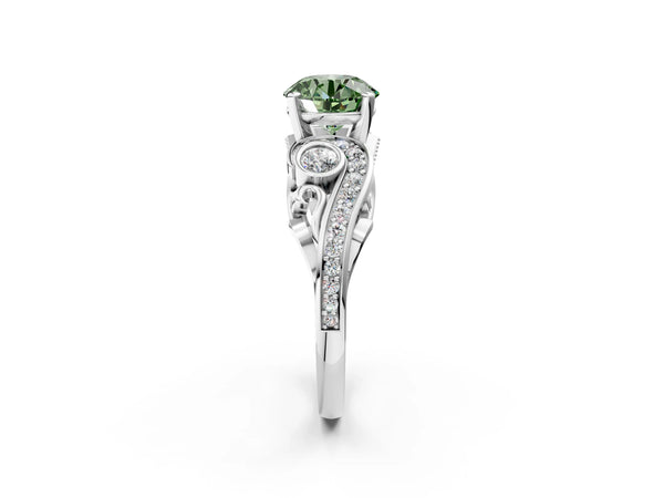 White gold Fancy Green Round Cut Diamond Solitaire Ring with Milgrain Pavé Band and Four-Prong Setting