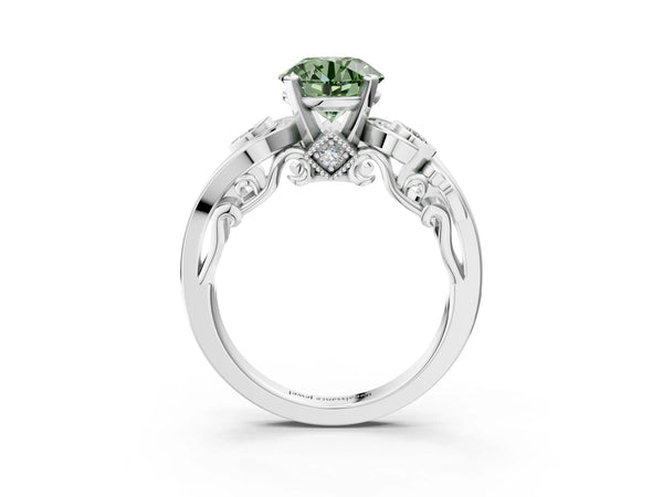 White gold Fancy Green Round Cut Diamond Solitaire Ring with Milgrain Pavé Band and Four-Prong Setting