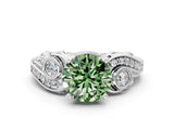 White gold Fancy Green Round Cut Diamond Solitaire Ring with Milgrain Pavé Band and Four-Prong Setting_256