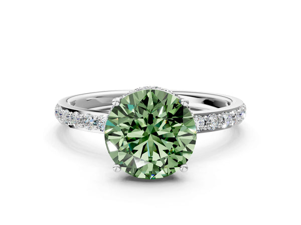 White gold Fancy Green Round Cut Diamond Solitaire Ring with Pavé Band and Hidden Halo