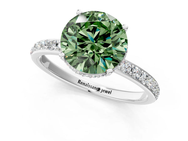 White gold Fancy Green Round Cut Diamond Solitaire Ring with Pavé Band and Hidden Halo