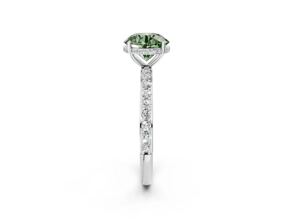 White gold Fancy Green Round Cut Diamond Solitaire Ring with Pavé Band and Hidden Halo