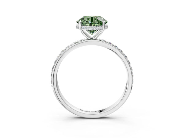 White gold Fancy Green Round Cut Diamond Solitaire Ring with Pavé Band and Hidden Halo