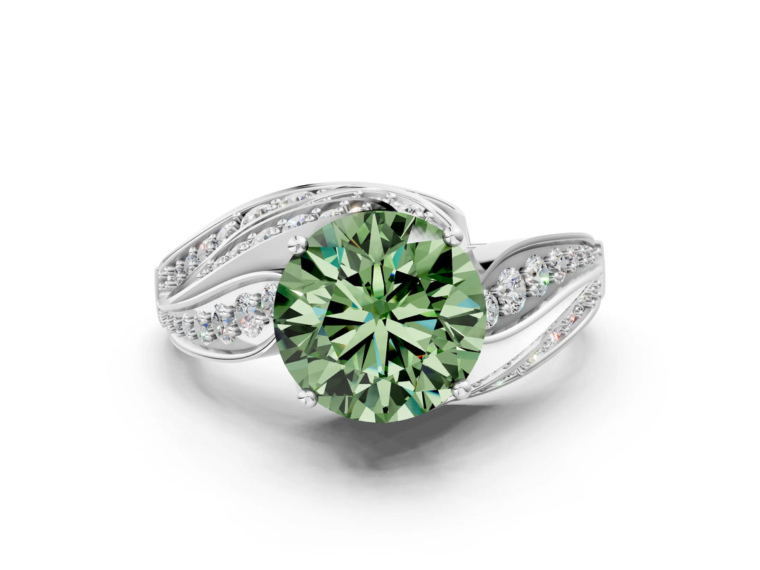 White gold Fancy Green Round Cut Diamond Solitaire Ring with Prong Setting and Twisted Pavé Band_12