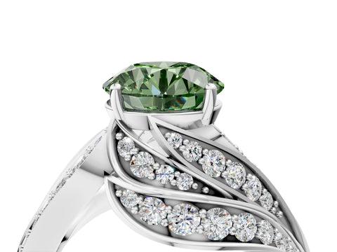 White gold Fancy Green Round Cut Diamond Solitaire Ring with Prong Setting and Twisted Pavé Band_16