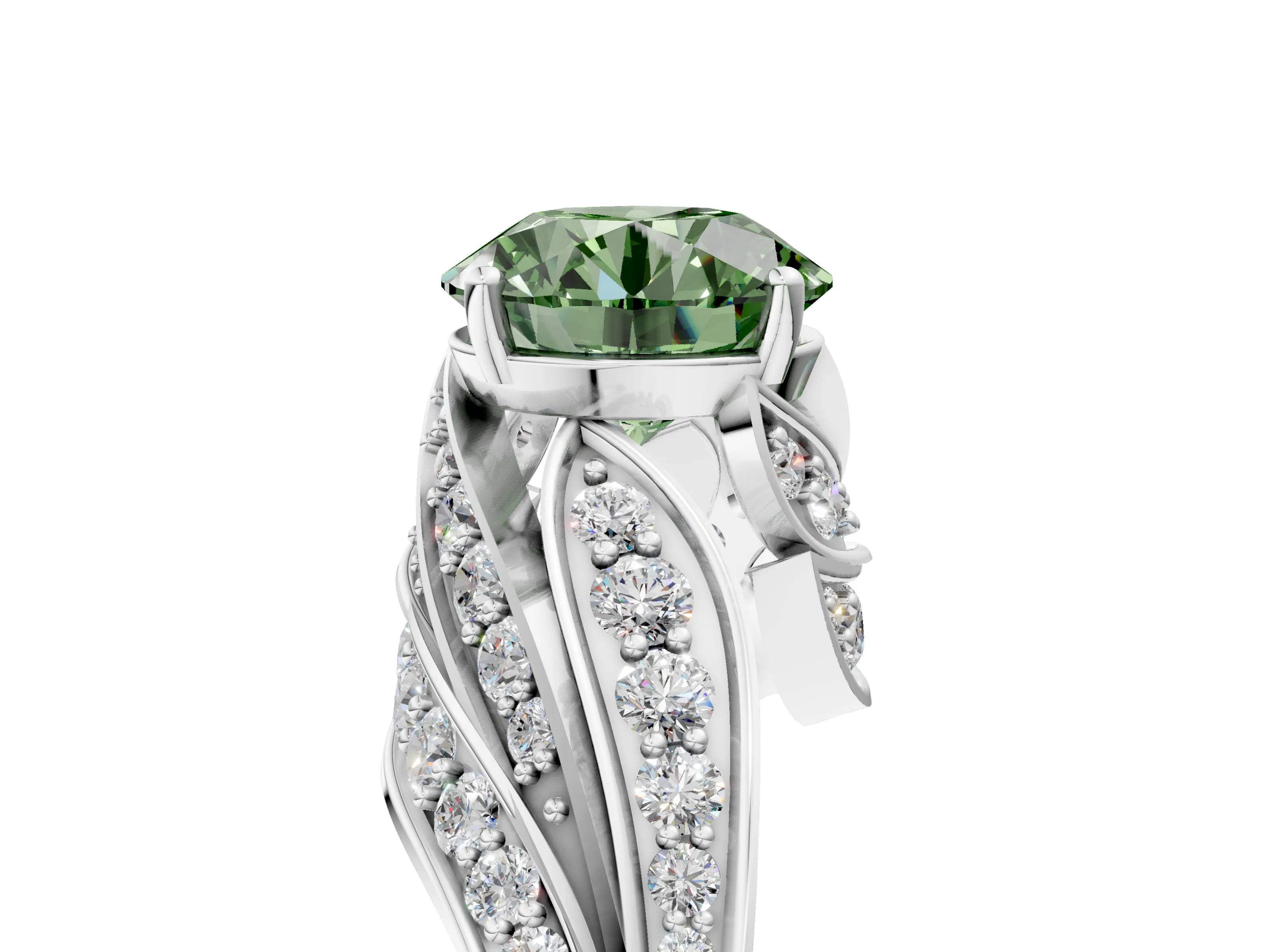 White gold Fancy Green Round Cut Diamond Solitaire Ring with Prong Setting and Twisted Pavé Band_17