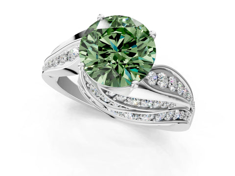 White gold Fancy Green Round Cut Diamond Solitaire Ring with Prong Setting and Twisted Pavé Band_1