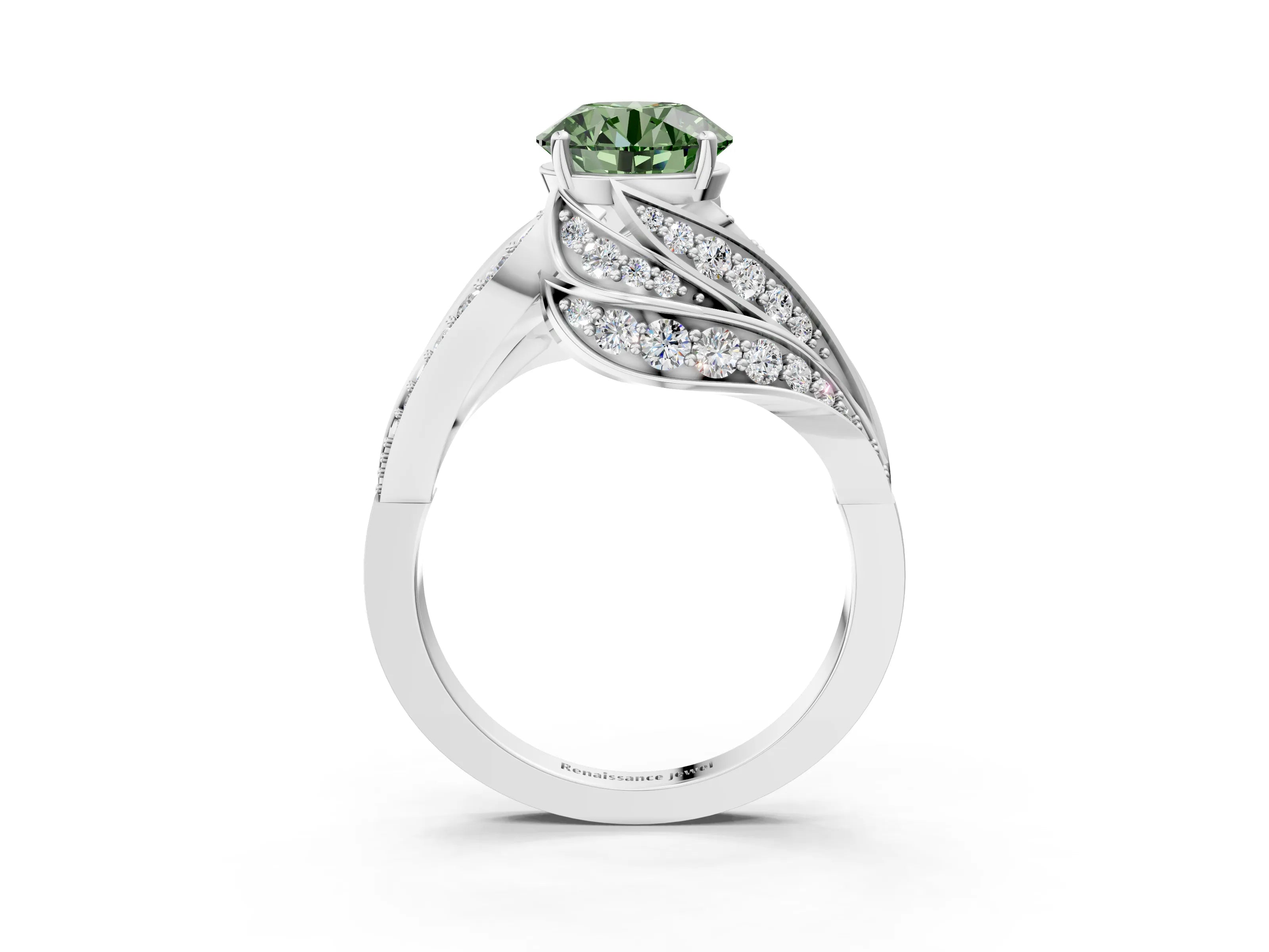 White gold Fancy Green Round Cut Diamond Solitaire Ring with Prong Setting and Twisted Pavé Band_3