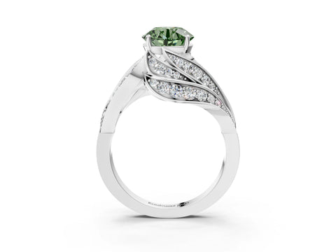 White gold Fancy Green Round Cut Diamond Solitaire Ring with Prong Setting and Twisted Pavé Band_3